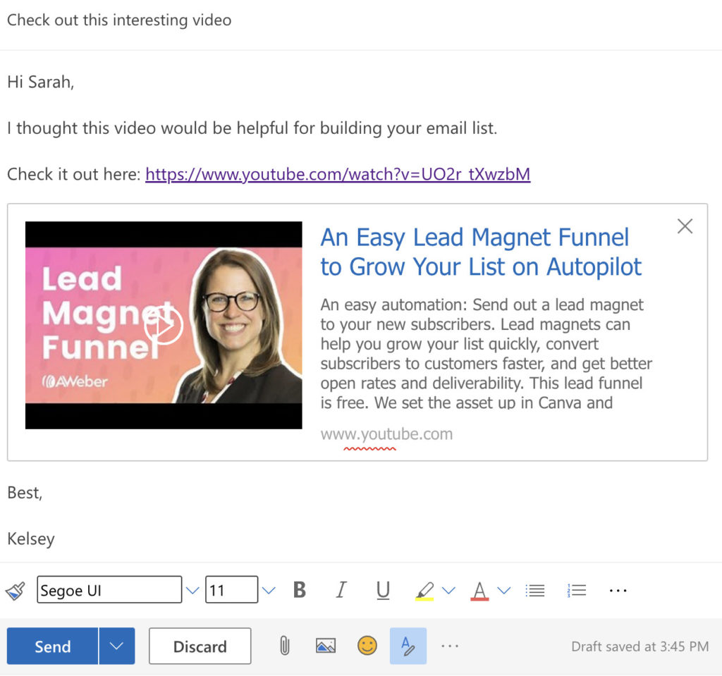 YouTube video embed in Outlook email.