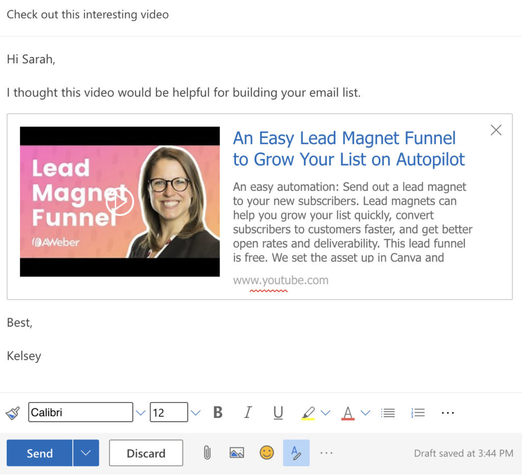 YouTube video embed in Outlook email with text and link removed.