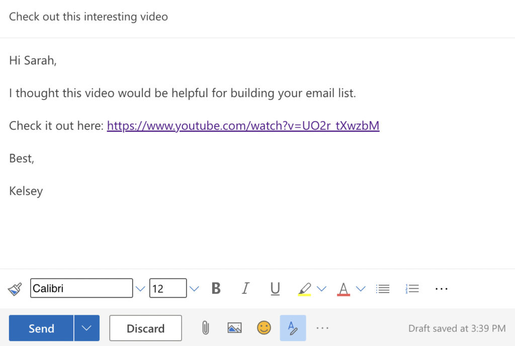 YouTube link in an Outlook email.