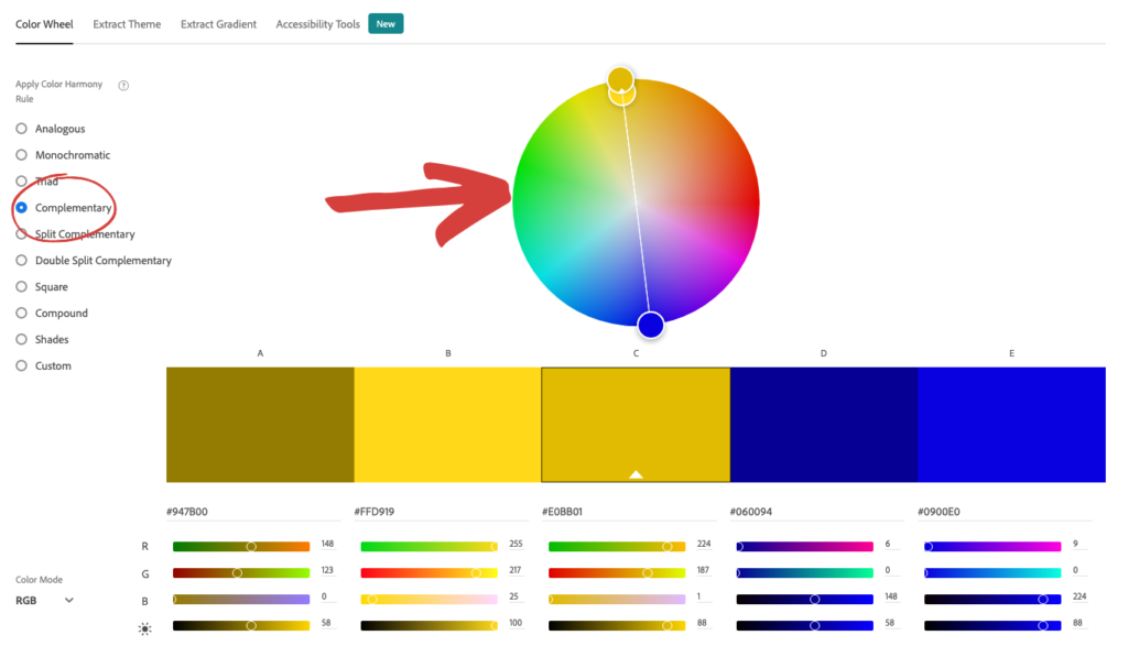 Adobe color wheel tool to find complementary color combination