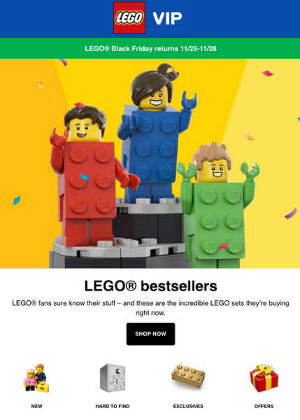 Email example from LEGO using yellow in their branding because it appeals to children