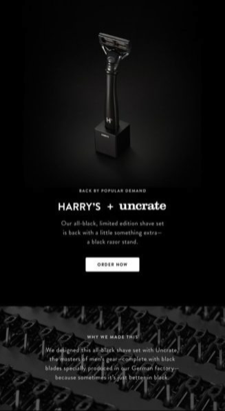 Email example from HARRY'S using a black background to represent that they are a classic brand