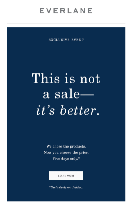 Email example from Everlane using a dark blue background to go for a luxurious look