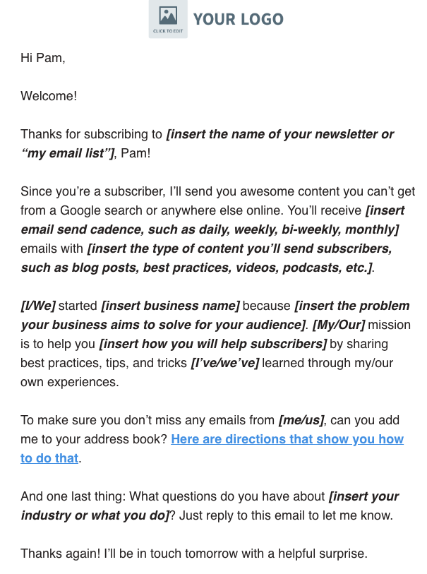 First welcome email from AWeber lead nurture series