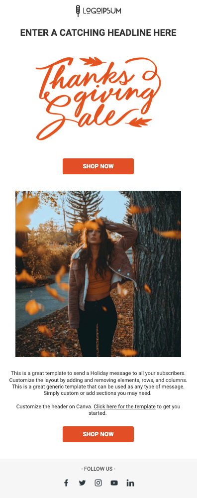 Thanksgiving email template with image of woman in Fall setting