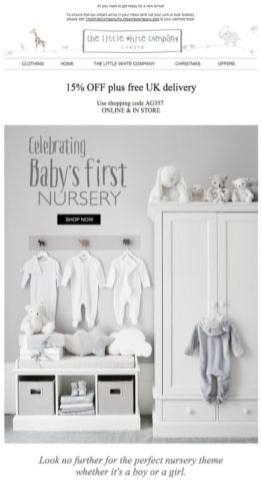 Email example from The Little White Company predominantly using white to show they are a pure and clean brand
