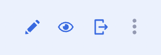 De gauche à droite : icône crayon, icône œil, icône flèche pointant vers la droite et trois points verticaux.