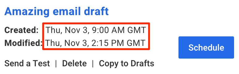 An email draft in AWeber showing the created and modified times in GMT.