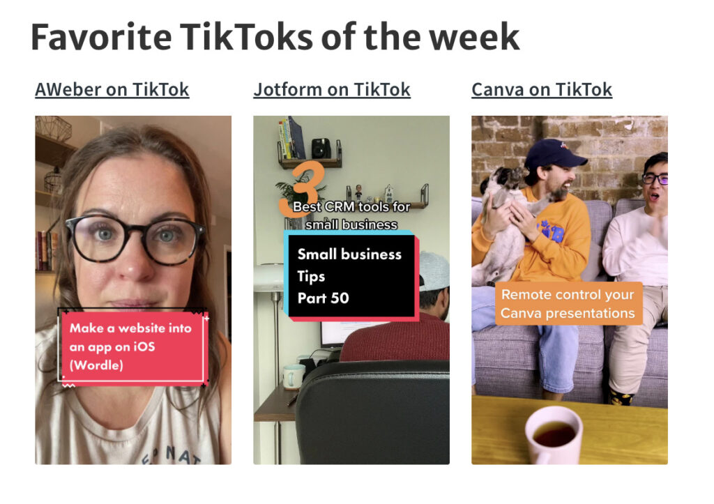 Three TikTok videos added quickly and easily to an email.