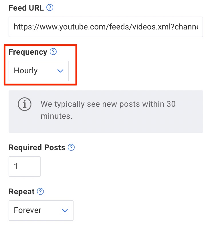 Frequency inside Check Feed trigger, set to Hourly.