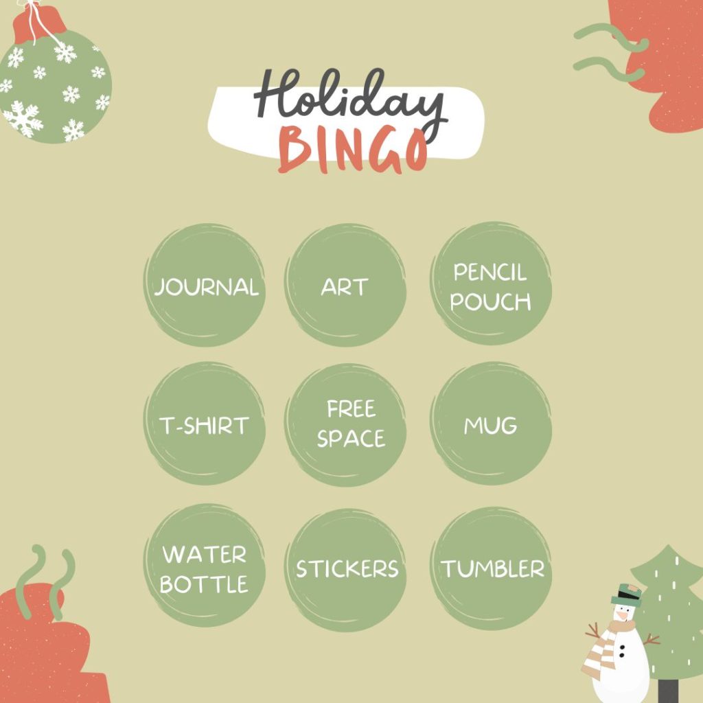 A Christmas bingo card created in Canva with options for Journal, Stickers, and more.