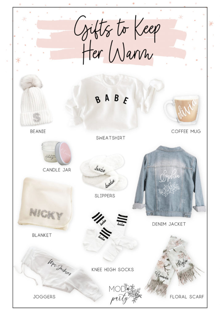 A holiday gift guide email called "Gifts to keep her warm" with scarf, slippers, and more.