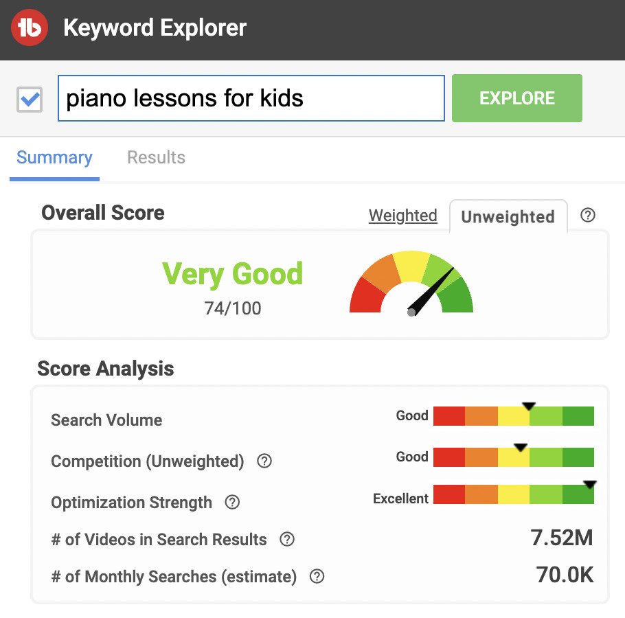 Search in TubeBuddy's keyword explorer for "piano lessons for kids" results in a "Very Good" score.