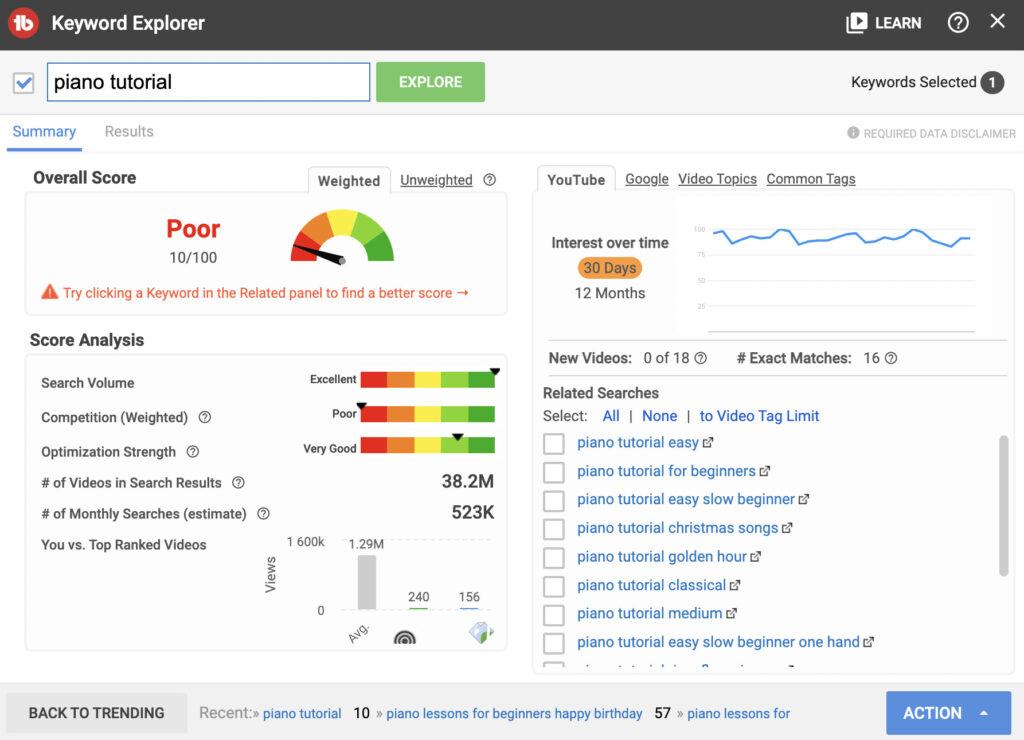 Search in TubeBuddy's keyword explorer for "piano tutorial" results in a "Poor" score.