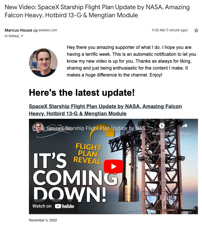 Email in the inbox with subject line "New Video: SpaceX Starship Flight Plan Update by NASA"