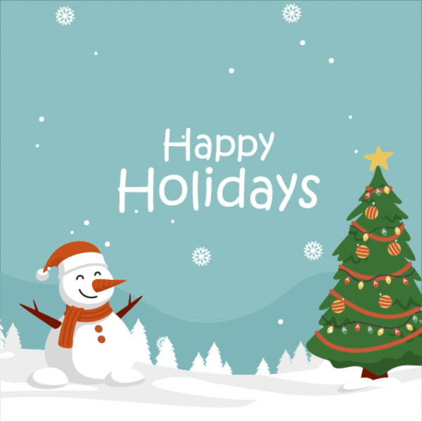 animated gif of happy holidays with snowman and falling snowflakes