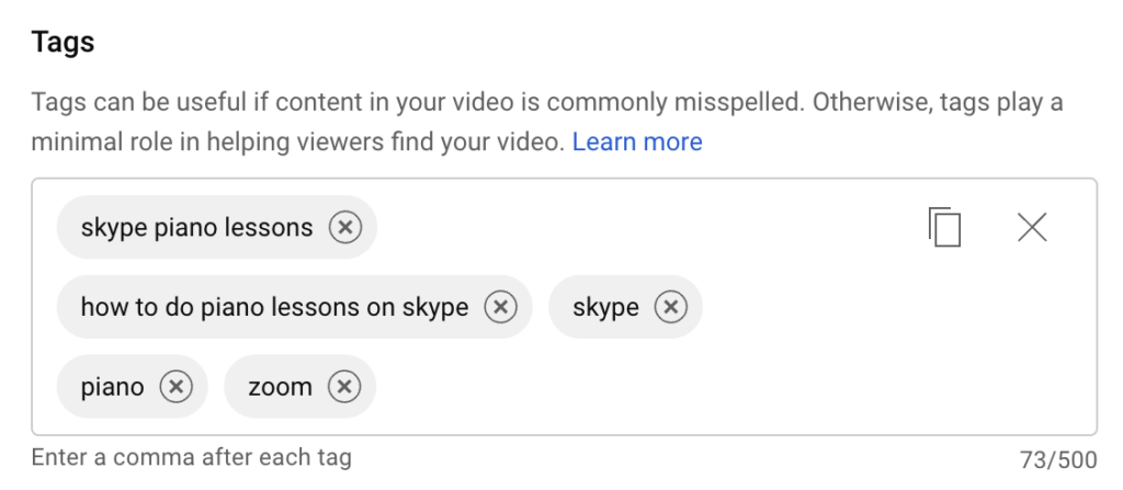 Tags "Skype piano lessons," "piano," "zoom," etc.