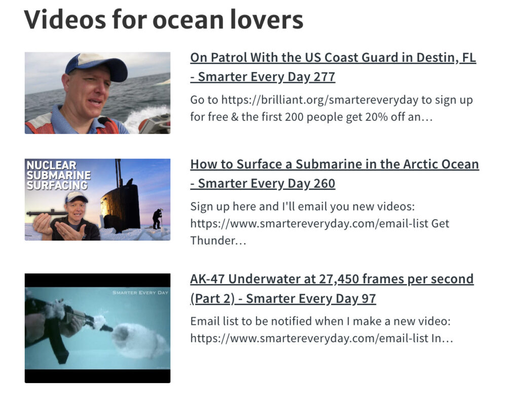 Trois vidéos YouTube ajoutées rapidement et facilement à un e-mail.