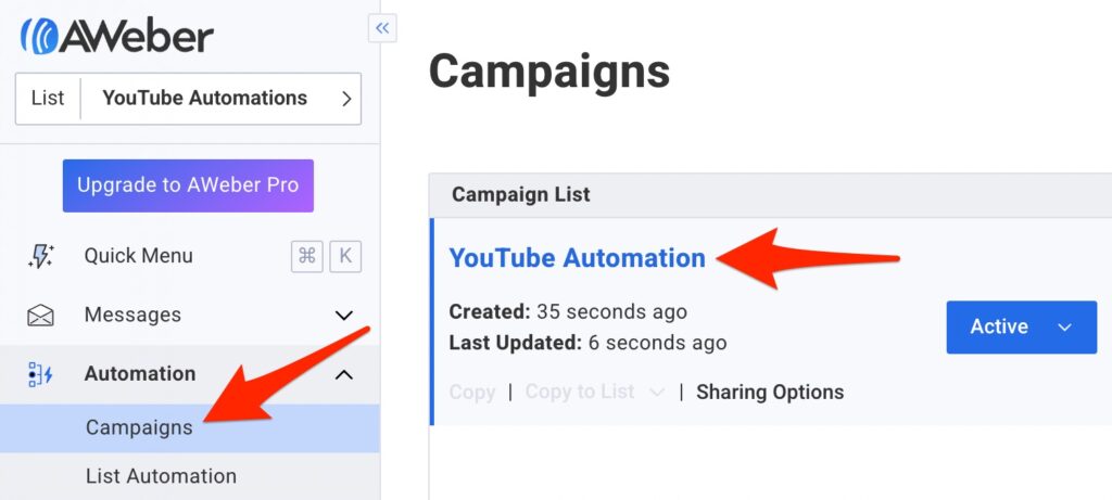 Click on "Campaigns" then "YouTube Automation," in the AWeber dashboard.