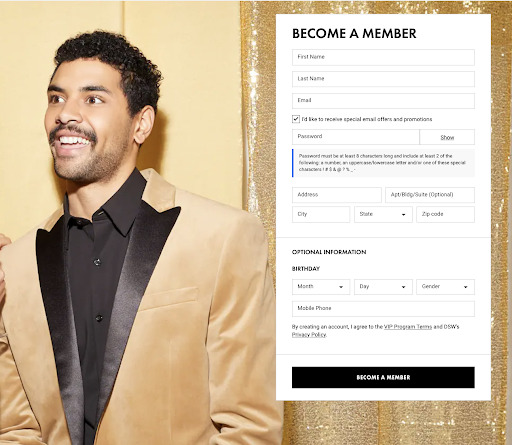 Sign up form example from DSW which asks for subscriber's birthday information