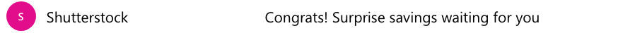 Exemple d'e-mail de Shutterstock avec objet "Félicitations!  Des économies surprises vous attendent"
