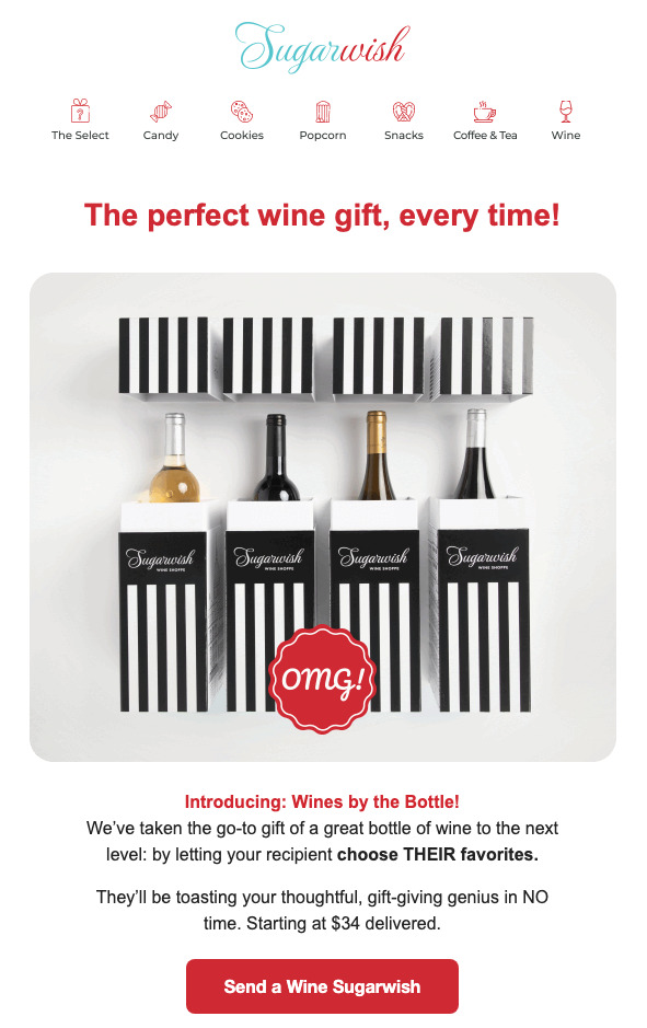 Sugerwish email with clear and powerful headlines - "The perfect wine gift, every time!"
