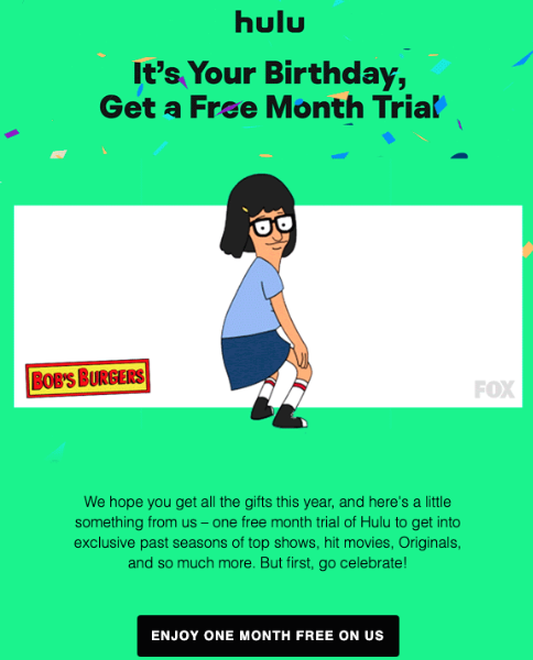 Email de cumpleaños de Hulu con un mes gratis