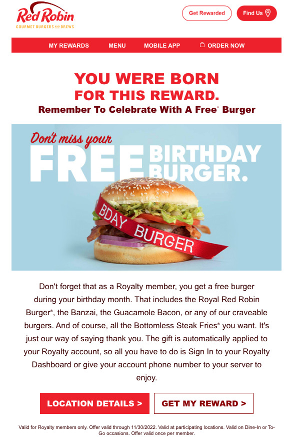 Ejemplo de correo electrónico de feliz cumpleaños de Red Robin con una hamburguesa de cumpleaños gratis