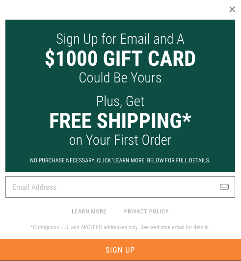 Free shipping and a chance to win a $1,000 gift card