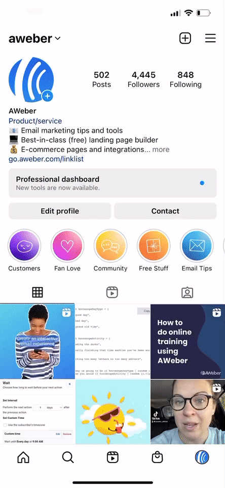 GIF showing AWeber's link-in-bio on Instagram.