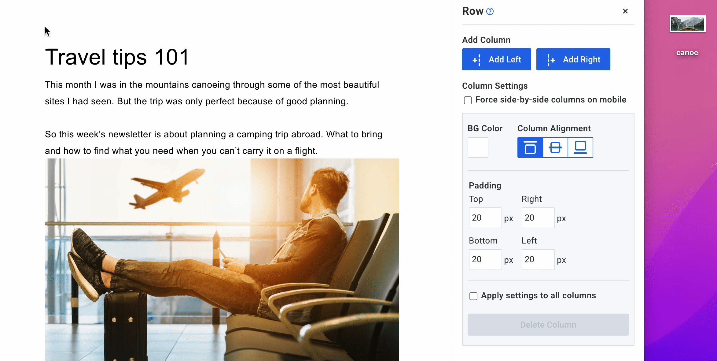 GIF showing an image of a canoe being dragged into an email about travel.