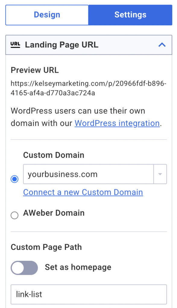 In landing page settings, custom domain "tunegocio.com" and custom page path "link list."