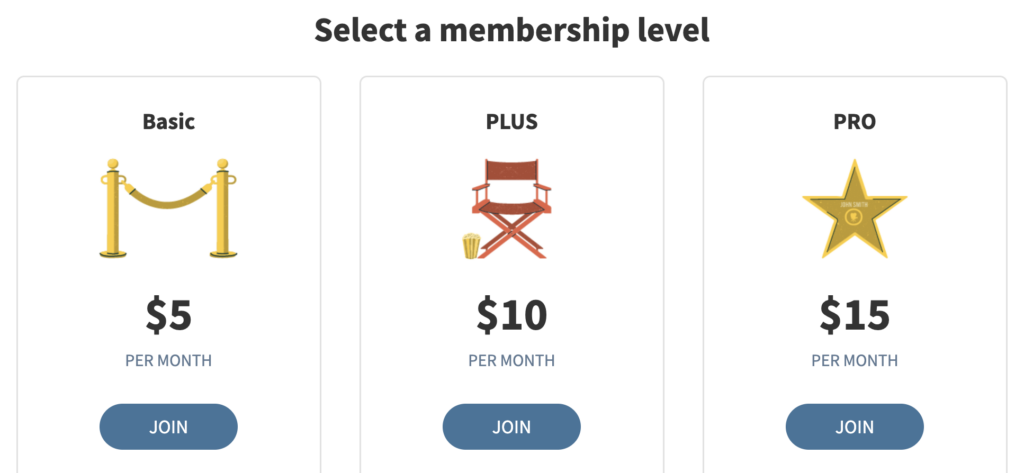 A landing page with three subscription options that says "Select a membership level." Click to copy it to your AWeber account.  One of our favorite ideas for New Year's marketing campaigns is to offer annual plans. 