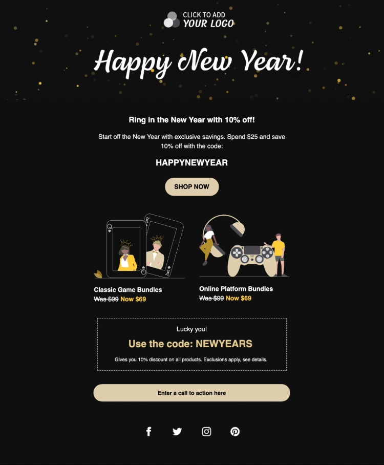 A New Years email template with an animated gif of falling sparkles