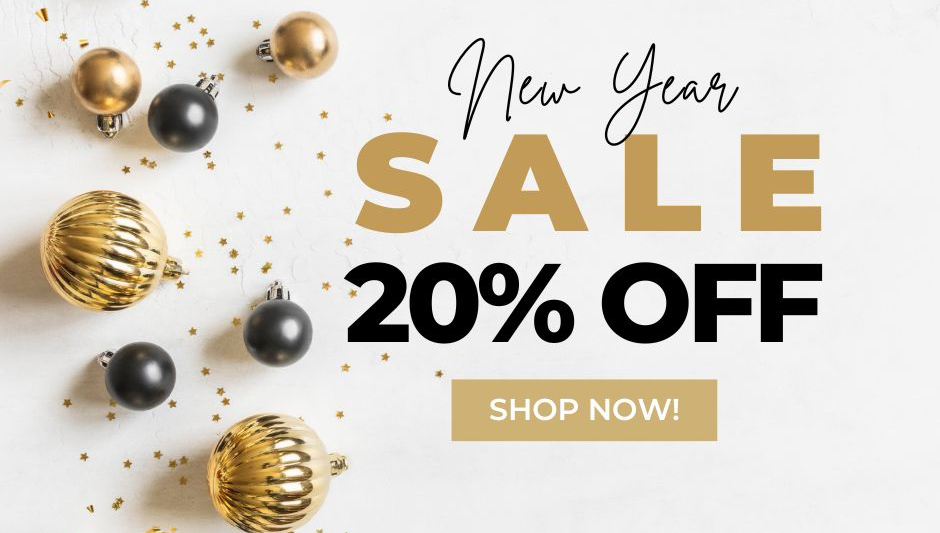 A graphic that says "New Year Sale 20% off." Discounts can help you get more results from your New Year's marketing campaigns.