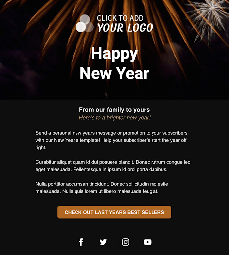 A New Year's email template with a static image of fireworks.