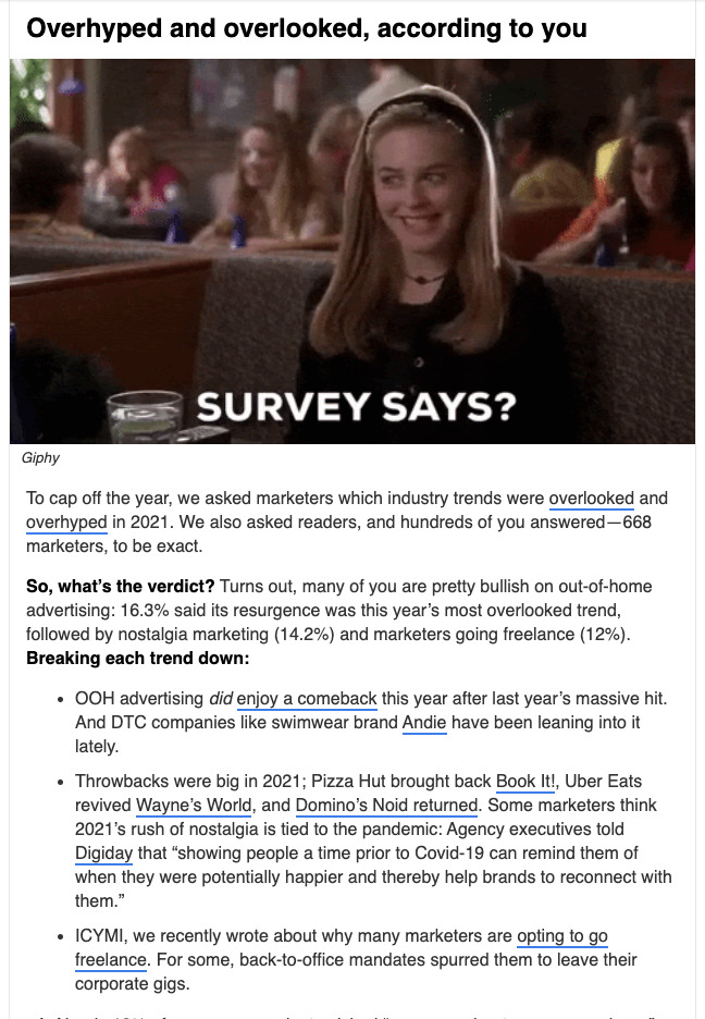 An email about the results of a year-end survey.