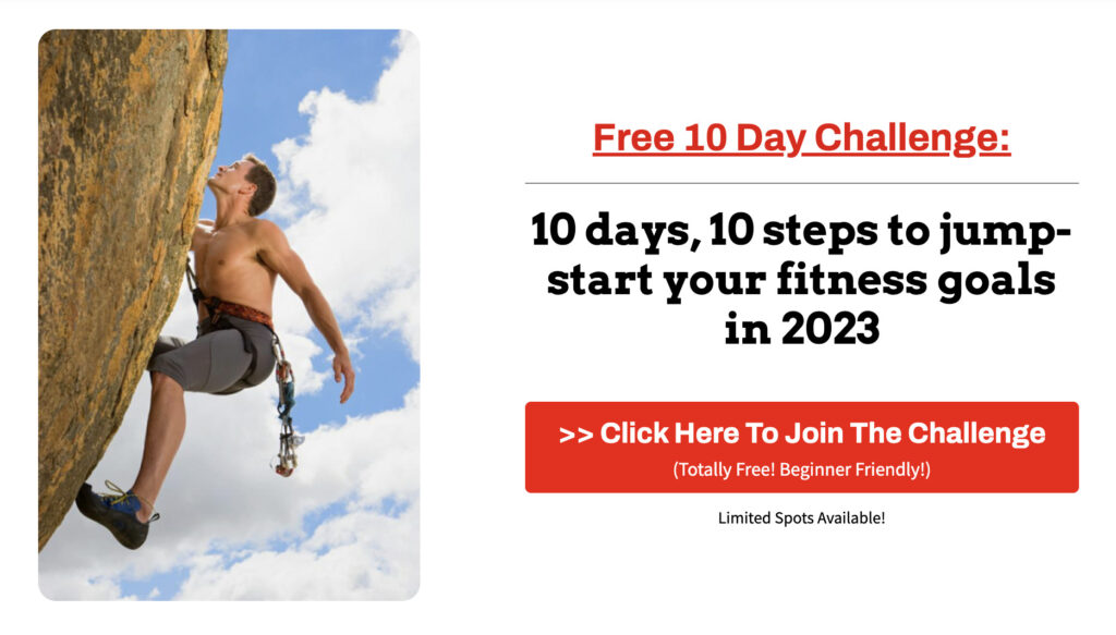 A landing page that says "Free 10 day challenge" with a man climbing.  Click to copy it to your account.