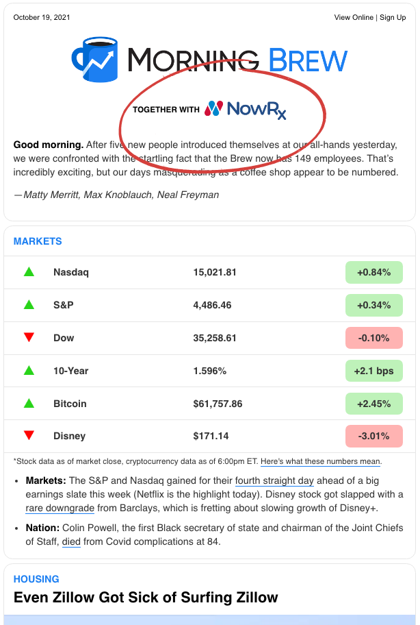 Email newsletter example from MorningBrew with an sponsorship at the top