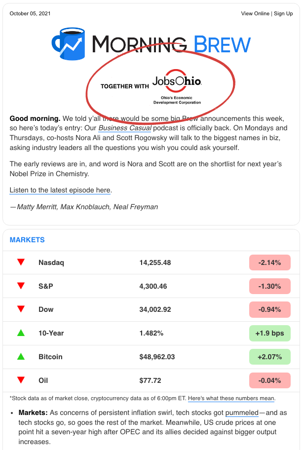Email newsletter example from MorningBrew with an sponsorship at the top