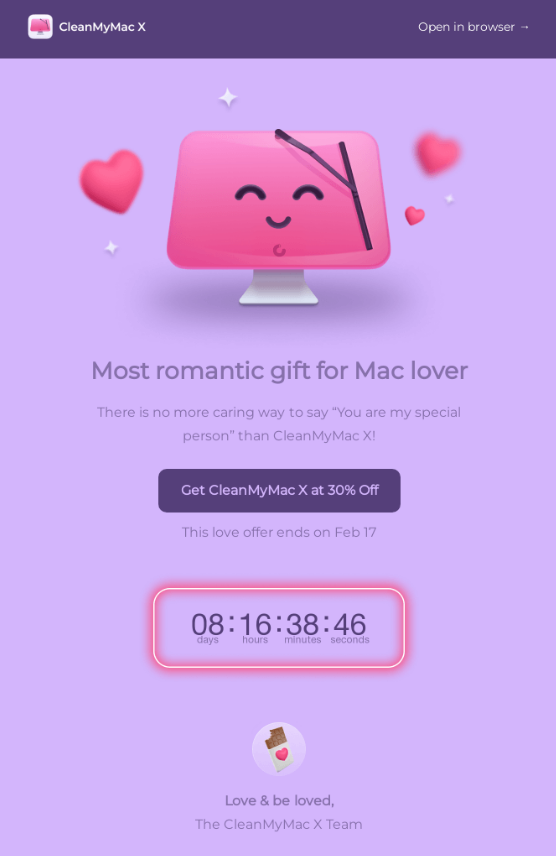 Contoh email hari Valentine menggunakan penghitung waktu mundur
