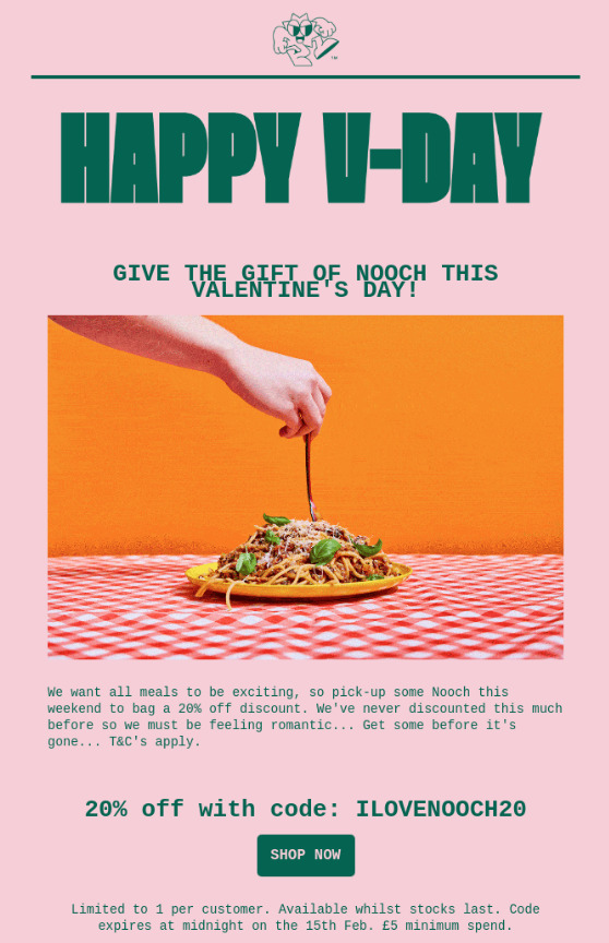 Contoh email Notorious Nooch di mana mereka mengubah produk yang mereka jual setiap hari menjadi hadiah Hari Valentine