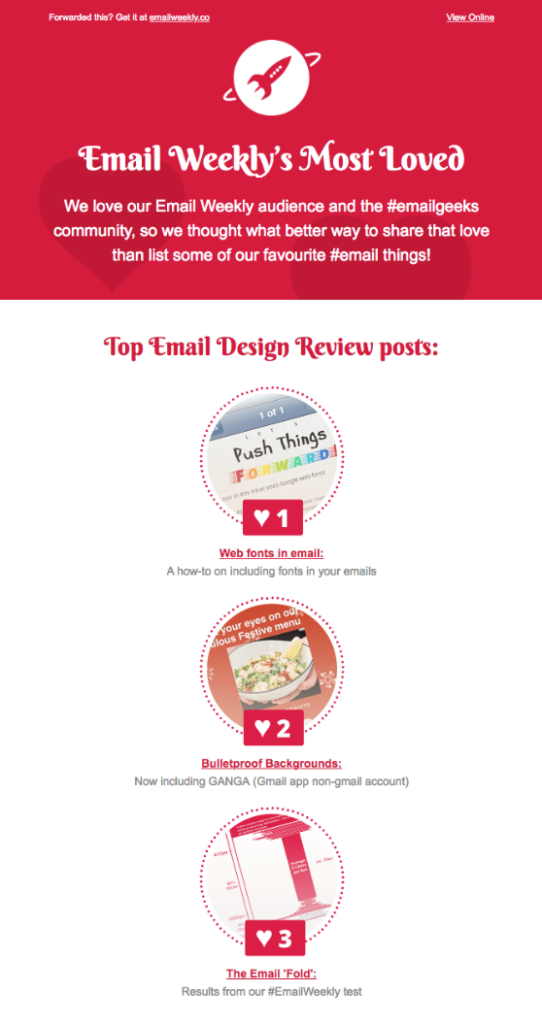 Email newsletter modified with Valentine's day colors and symbols