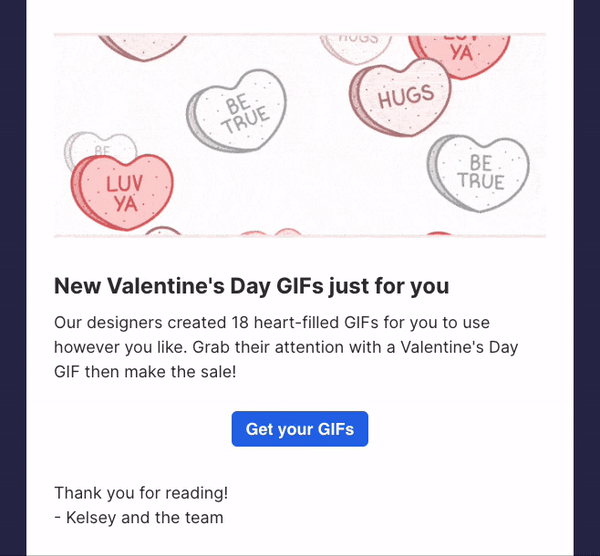 Email Hari Valentine AWeber dengan GIF hati