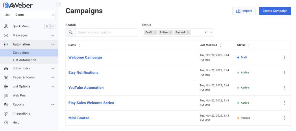 A screenshot of the page listing all campaigns in an account.