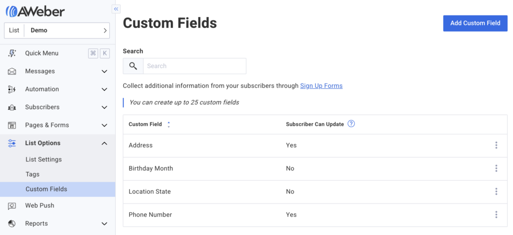 A screenshot of the page listing all custom fields in an account.