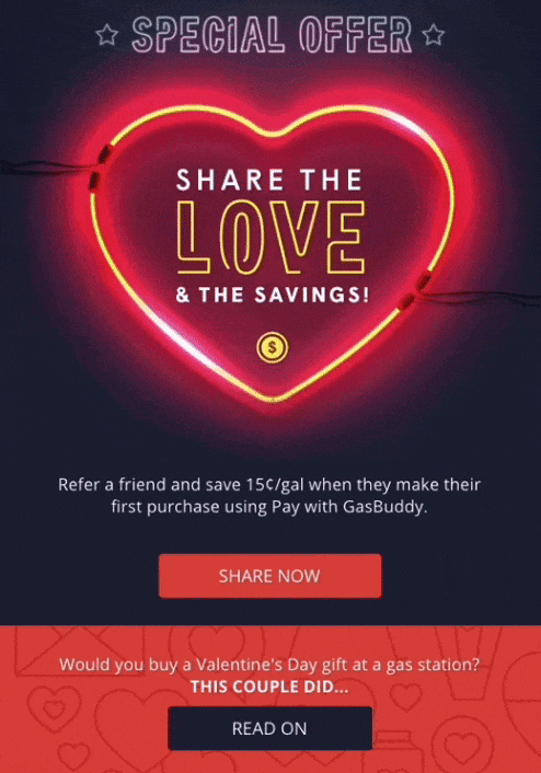 Exemple d'e-mail de la Saint-Valentin de GasBuddy avec un cœur clignotant GIF