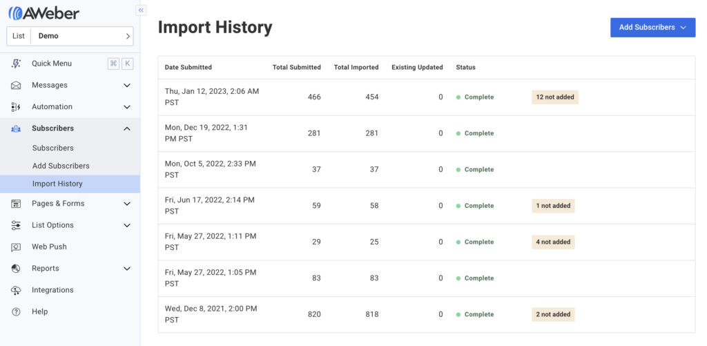 A screenshot of the page listing import history in an account.