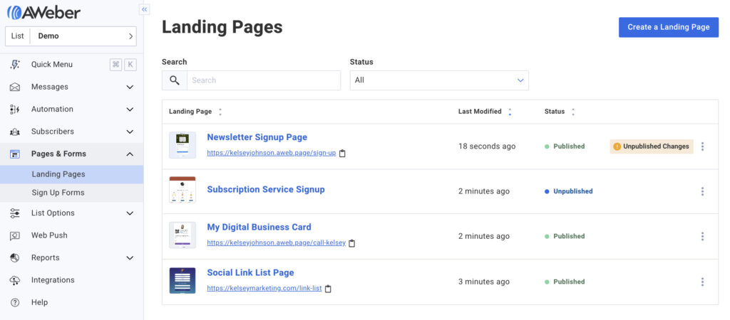 A screenshot of the page listing all landing pages in an account.
