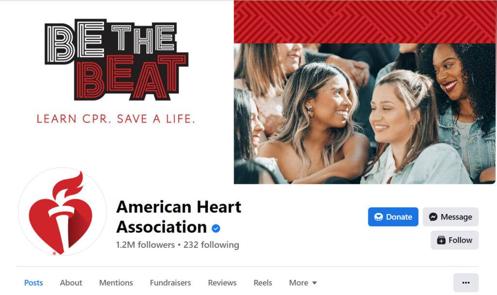 American Heart Association Facebook page with donate button